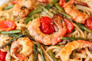 Roasted Spot Prawn Linguine with Asparagus and Tomatoes